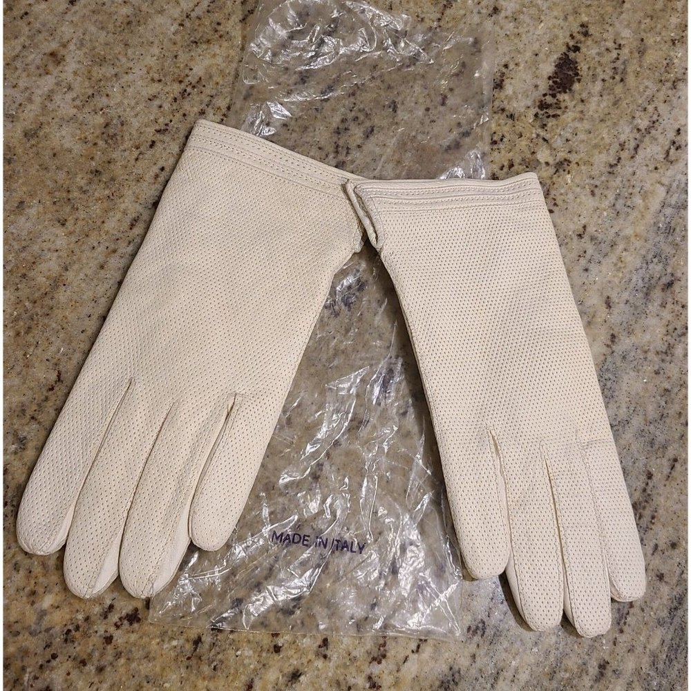 Vintage Size M 7 Beige Pierced Leather 8" Knit Lined Gloves Alexanders Italy